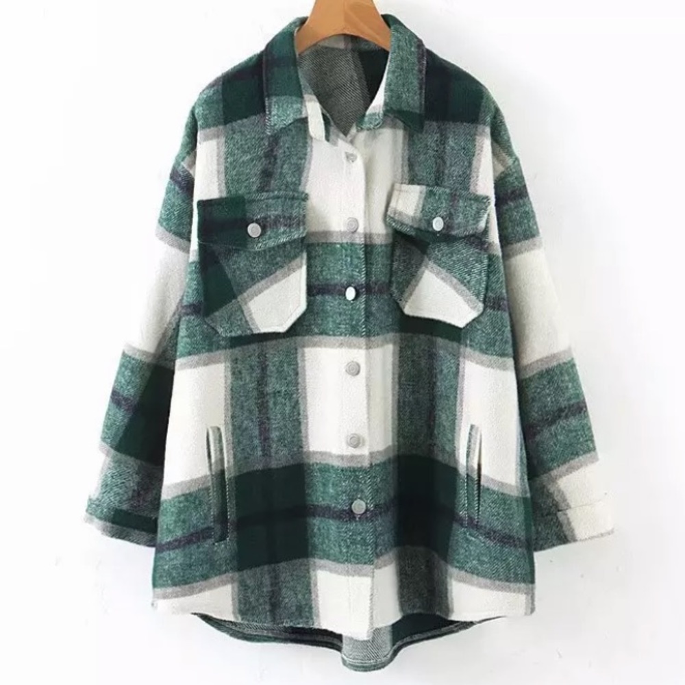 SOLD OUT Green Plaid Oversized Flannel Shacket Shirt Jacket - Picture 4 of 12